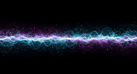 Abstract glowing energy wave with particles on black background