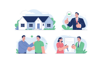 Real Estate Purchase: Home Ownership and Property Deals - Illustration of Buyers and Agents Completing Sales Transactions and Showing Thumbs Up