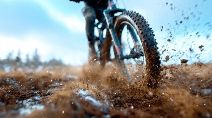 Obraz premium A biker navigates through rough, muddy terrain, with dirt splattering and nature surrounding them, capturing the thrill of outdoor adventure and the joy of biking.