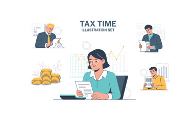 Tax Time Illustration Set: Diverse Professionals Managing Finances, Analyzing Data, and Preparing Tax Returns for Filing Season, Featuring Coins and Financial Charts