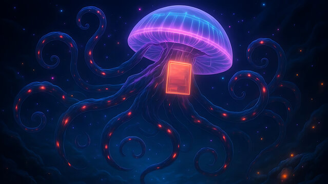 Bioluminescent jellyfish glowing with vibrant neon purple and orange light in dark deep ocean waters surrounded by tiny glowing particles