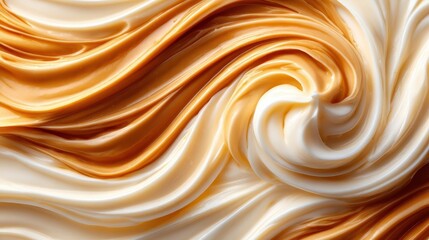 A beautifully swirled composition of creamy textures in caramel and white hues, creating a warm and inviting dessert aesthetic that captivates the senses.