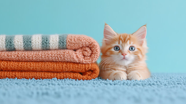 Ginger kitten peeking out from behind a stack of warm knitted sweaters. The kitten has stunning blue eyes and is laying on soft blue carpet.