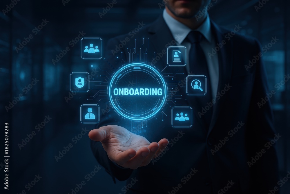 Poster digital onboarding concept: a professional in a suit presents a futuristic digital onboarding concep