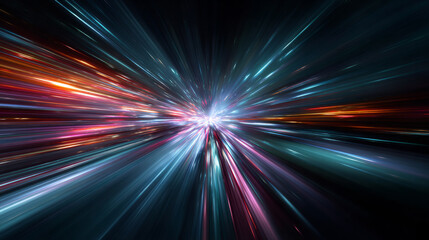 Colorful speed light streaks on black background. Futuristic motion and warp travel concept.
