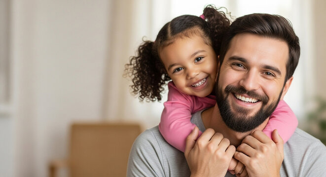 A happy father and his loving young daughter sharing a warm embrace at home, perfect for illustrating a strong father-daughter bond and joyful family moments - Powered by Adobe