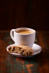 Cup of coffee on wooden background. Soft focus. Copy space	