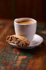 Cup of coffee on wooden background. Soft focus. Copy space	