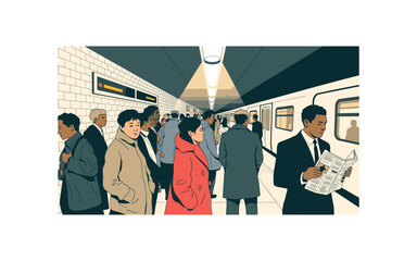 Commuters Awaiting Train: A Diverse Group of People on a Subway Platform, Waiting for Transportation, Illustration with Vintage Undertones and Clean Line Art