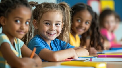 Fototapeta premium A diverse group of children sitting at a table in a classroom setting, engaged in a learning activity.