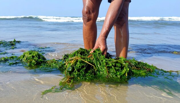 Sun-kissed Hands Gathering Vibrant Green Seaweed from the Shallow Surf