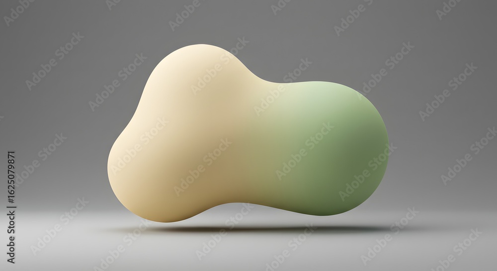 Poster abstract organic blob shape with a gradient from beige to green, casting a soft shadow on a gray sur