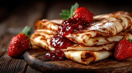 A mouth-watering stack of pancakes topped with fresh strawberries and a generous scoop of jam, perfect for a delightful breakfast or brunch setting.