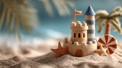 Colorful sandcastle with flag and starfish on beach. Summer creativity and coastal fun concept.