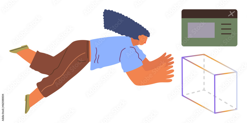 Poster person with outstretched arms engaging with a 3d cube and a minimalist web interface. ideal for crea
