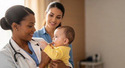 A caring Black female pediatrician holding a baby with its smiling mother nearby, perfect for illustrating diversity in medicine and trusted pediatric care