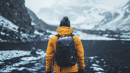 A person standing in front of a snowy mountain landscape, wearing a yellow jacket and black backpack, looking out at the snow-covered peaks.