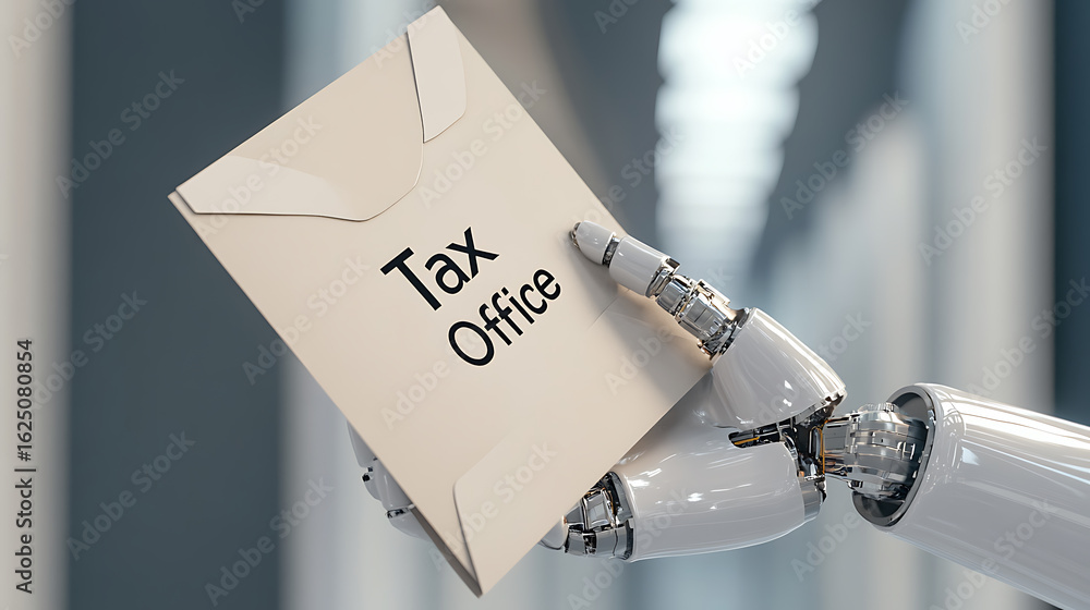 Poster robot arm holds a tax form, representing automation of tax filing. this image shows a modern solutio