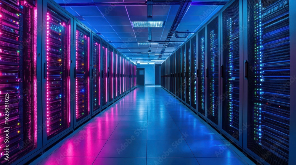 Poster a hallway with server racks and neon lights. the technology concept of data centers and servers.