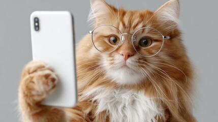 A fluffy ginger cat wearing glasses takes a selfie with a smartphone, showcasing a humorous and charming personality.