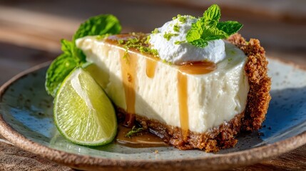 A lush slice of lime cheesecake garnished with fresh lime slices, whipped cream, and mint leaves, exuding a refreshing vibe perfect for dessert lovers seeking a zestful treat.