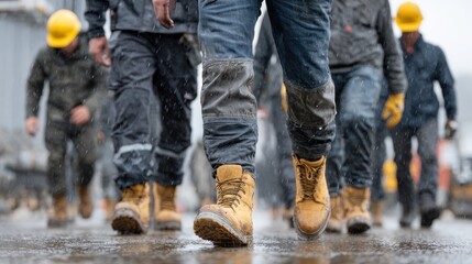 A group of workers in rugged clothing and safety gear walks through rain, showcasing sturdy boots and a focused, industrious atmosphere.