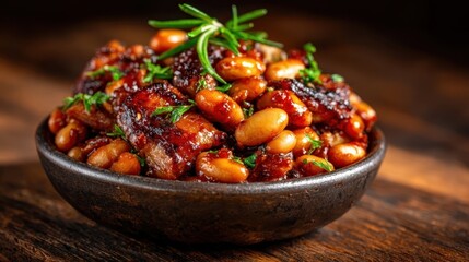 A hearty dish featuring tender beans mixed with succulent pieces of meat in a rich sauce, perfect for hearty meals in gatherings or cozy family dinners.