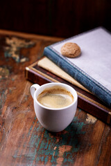 Cup of coffee on wooden background. Soft focus. Copy space	