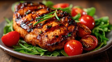 A beautifully plated dish featuring grilled chicken breast on a bed of fresh greens, adorned with ripe cherry tomatoes, blending aesthetics and deliciousness in culinary art.