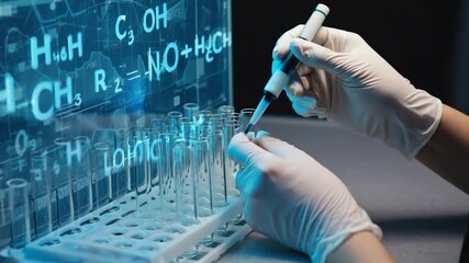 Person in lab coat and gloves performing experiment with test tubes and chemical formulas displayed - Powered by Adobe