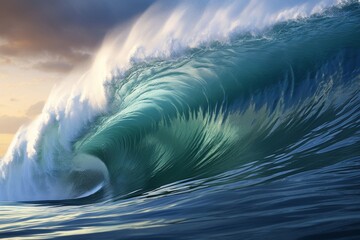 Majestic long barrel wave crashing at sunset over the ocean creating a stunning natural spectacle