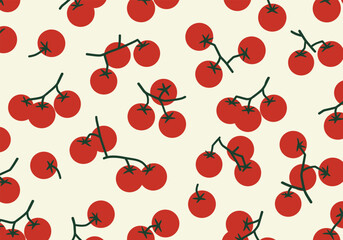 Seamless pattern of fresh cherry tomatoes isolated on white background, featuring a vibrant and colorful design ideal for kitchen decor and culinary themes