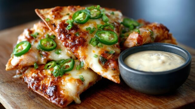 Mouthwatering pizza slices topped with fresh jalapenos served alongside a creamy dipping sauce, perfect for spice lovers who crave vibrancy and flavor in every bite.