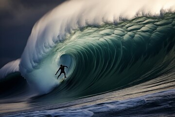 Surfer rides a massive barrel wave at sunrise on a remote beach showcasing the power of nature