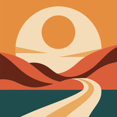 Vector art of stylized desert landscape with a winding road leading to the sunset