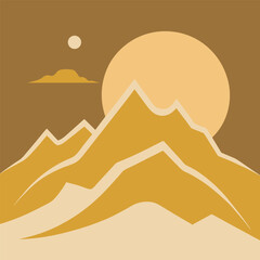Vector art of majestic mountain range under a golden sun and sky