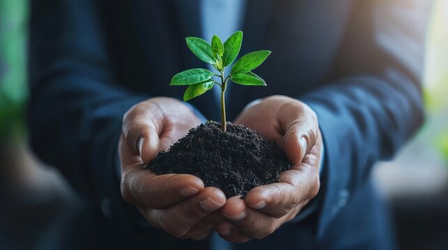 A man in a suit holding a small green plant in his hands.