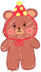 Cute brown bear cub wearing red party hat with yellow dots