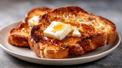 Golden-brown French toast topped with a luscious pat of butter and a drizzle of syrup, representing a classic breakfast staple loved by many across the world.