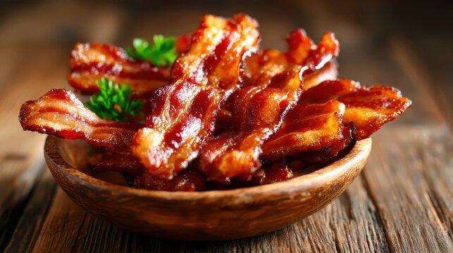 Bowl of crispy bacon strips, glimmering tantalizingly, exuding savory aroma and smoky flavor, a definitive comfort food that brings joy to many breakfast tables.