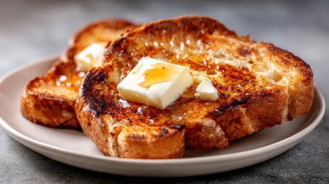 Golden-brown French toast topped with a luscious pat of butter and a drizzle of syrup, representing a classic breakfast staple loved by many across the world.