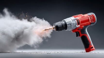 A powerful drill is emitting dust and sparks, showcasing its functionality and design in a dramatic, action-packed context.