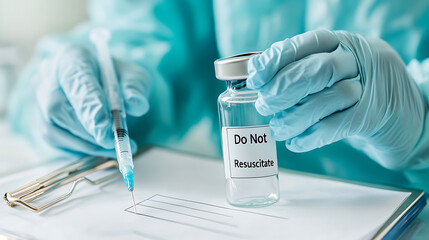 Medical professional preparing a medication injection with a vial labeled 'Do Not Resuscitate' on a medical form, in a sterile environment.