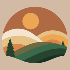 Vector art of stylized landscape with rolling hills and a warm sun at sunset