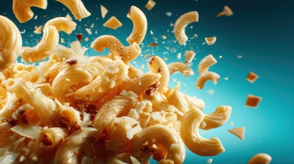 An eye-catching shot showcasing macaroni pasta and cheese pieces exploding outwards, capturing the playful, energetic essence of comfort food in a vivid scene.