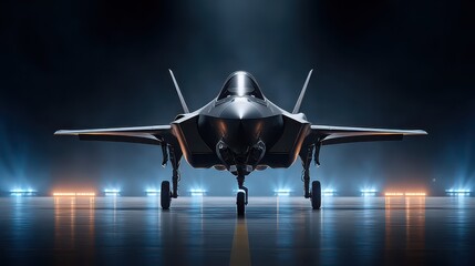 A sleek, modern military aircraft stands ready on a runway, illuminated by dramatic lighting, showcasing its design and advanced technology.