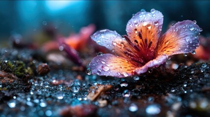 A beautifully detailed close-up of a vibrant purple flower adorned with glistening dew drops, set against a serene, earthy background enhances its natural beauty.