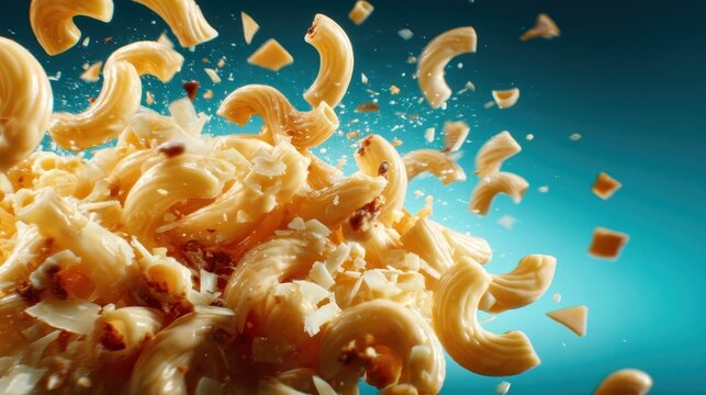 An eye-catching shot showcasing macaroni pasta and cheese pieces exploding outwards, capturing the playful, energetic essence of comfort food in a vivid scene.