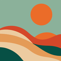 Vector art of abstract landscape with rolling hills and a large orange sun