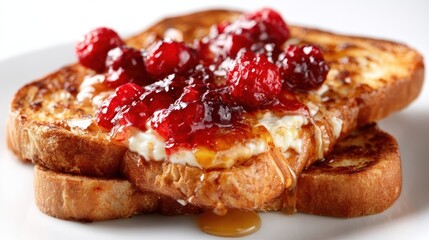 A delectable serving of French toast generously topped with fresh raspberries and syrup, embodying the essence of a perfect morning breakfast celebration.